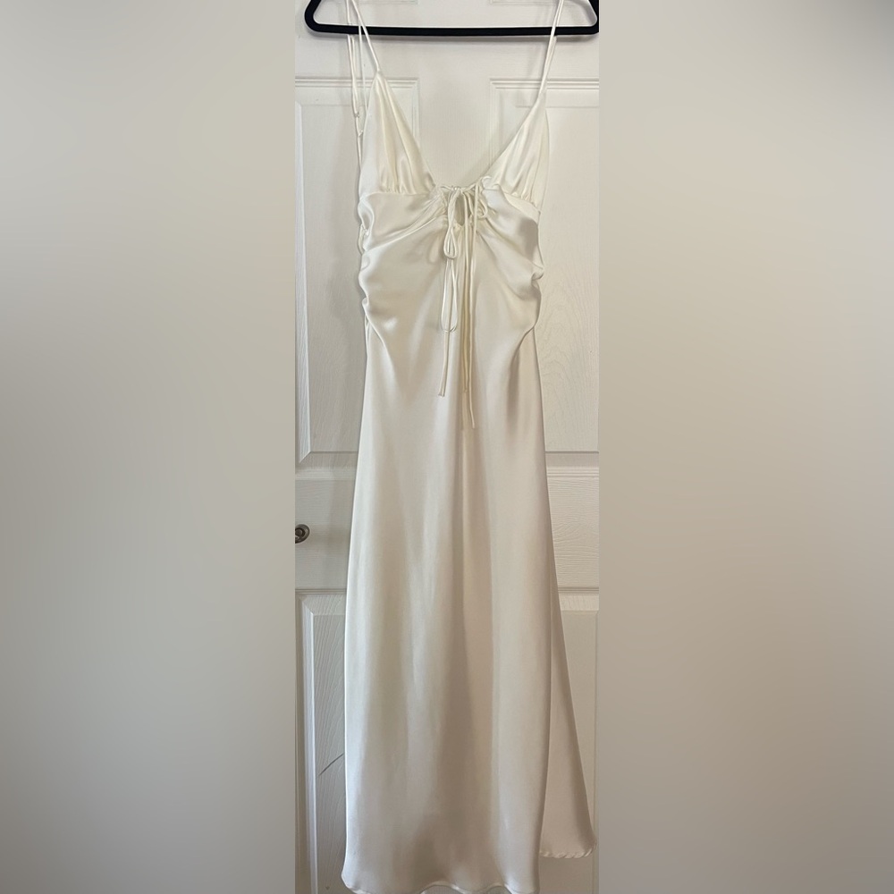 Zara Cream Satin Deep V Maxi Dress with Front Tie